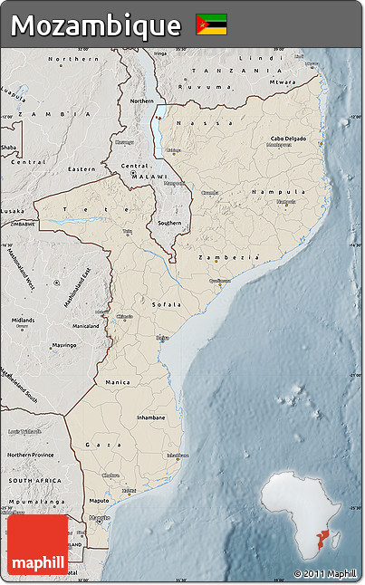 Shaded Relief Map of Mozambique, semi-desaturated