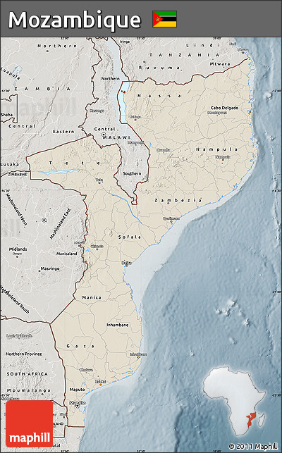 Shaded Relief Map of Mozambique, semi-desaturated