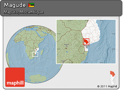 Savanna Style Location Map of Magude, highlighted country, hill shading