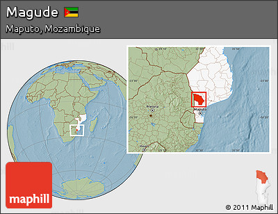 Savanna Style Location Map of Magude, highlighted country, hill shading