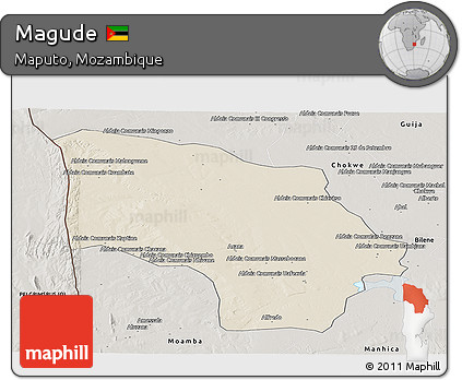 Shaded Relief Panoramic Map of Magude, semi-desaturated