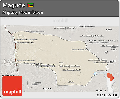 Shaded Relief Panoramic Map of Magude, semi-desaturated