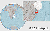 Gray Location Map of Marracuene, highlighted country, highlighted parent region, hill shading