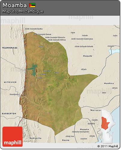 Satellite 3D Map of Moamba, shaded relief outside