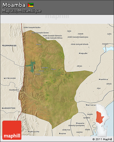Satellite 3D Map of Moamba, shaded relief outside