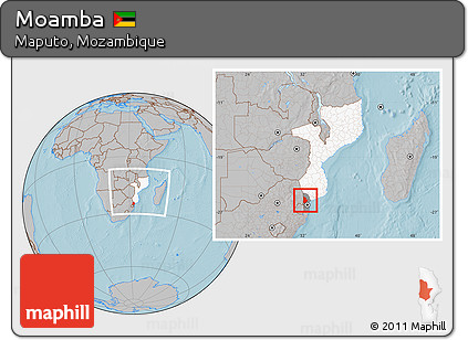 Gray Location Map of Moamba, highlighted country, highlighted parent region, within the entire country, hill shading