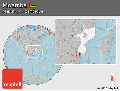 Gray Location Map of Moamba, highlighted country, highlighted parent region, within the entire country, hill shading