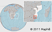 Gray Location Map of Moamba, highlighted country, highlighted parent region, within the entire country, hill shading