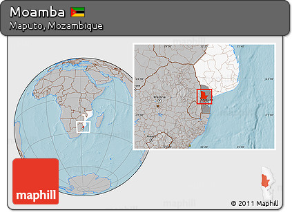 Gray Location Map of Moamba, highlighted country, highlighted parent region, hill shading