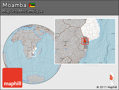 Gray Location Map of Moamba, highlighted country, highlighted parent region, hill shading