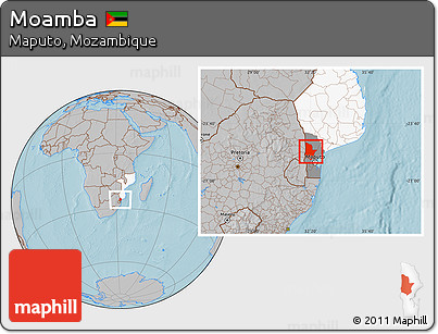 Gray Location Map of Moamba, highlighted country, highlighted parent region, hill shading