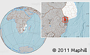 Gray Location Map of Moamba, highlighted country, highlighted parent region, hill shading
