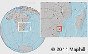 Gray Location Map of Moamba, highlighted parent region, within the entire country, hill shading