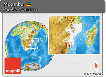 Physical Location Map of Moamba, highlighted country, highlighted parent region, within the entire country