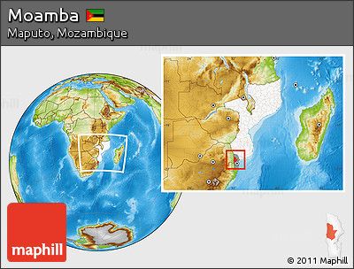 Physical Location Map of Moamba, highlighted country, highlighted parent region, within the entire country