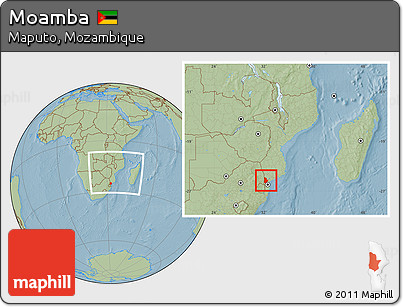 Savanna Style Location Map of Moamba, within the entire country, hill shading