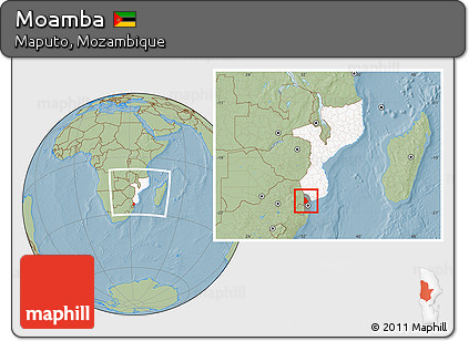Savanna Style Location Map of Moamba, highlighted country, highlighted parent region, within the entire country, hill shading