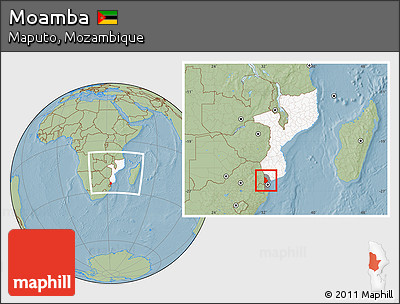 Savanna Style Location Map of Moamba, highlighted country, highlighted parent region, within the entire country, hill shading