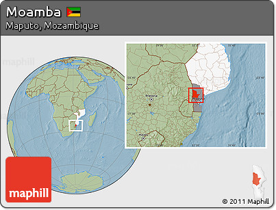 Savanna Style Location Map of Moamba, highlighted country, highlighted parent region, hill shading