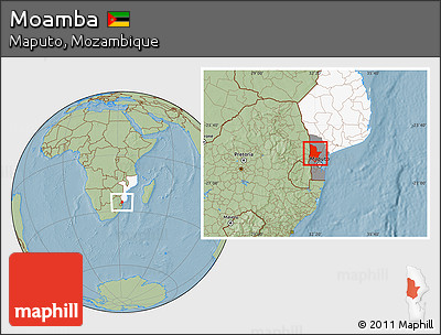 Savanna Style Location Map of Moamba, highlighted country, highlighted parent region, hill shading