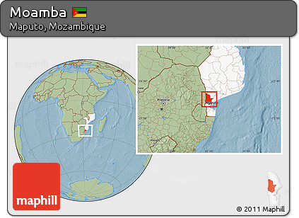 Savanna Style Location Map of Moamba, highlighted country, hill shading