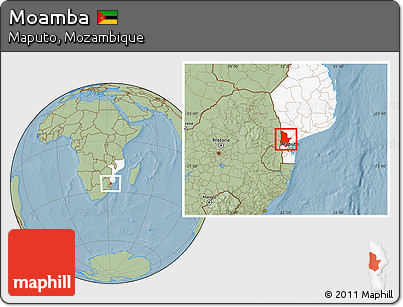 Savanna Style Location Map of Moamba, highlighted country, hill shading