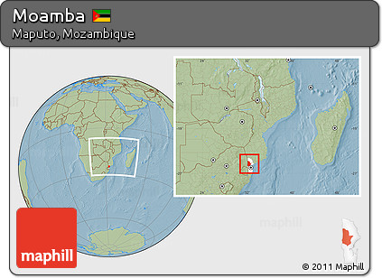 Savanna Style Location Map of Moamba, highlighted parent region, within the entire country, hill shading