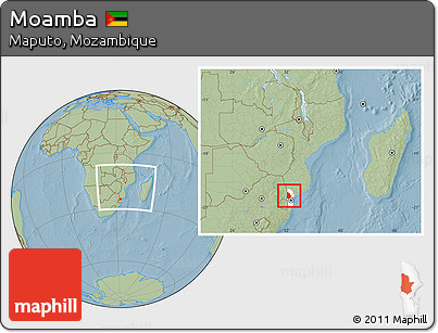 Savanna Style Location Map of Moamba, highlighted parent region, within the entire country, hill shading
