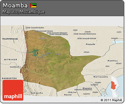 Satellite Panoramic Map of Moamba, shaded relief outside