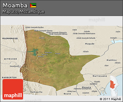 Satellite Panoramic Map of Moamba, shaded relief outside