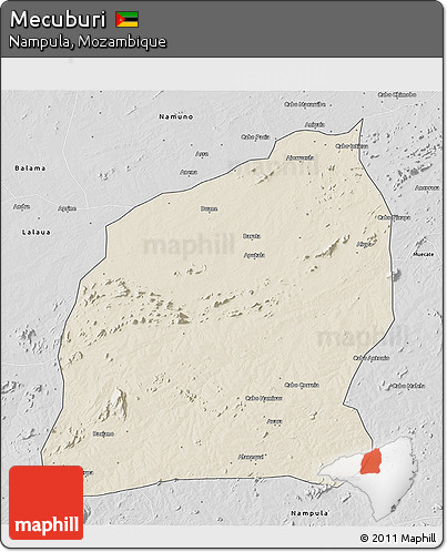 Shaded Relief 3D Map of Mecuburi, desaturated