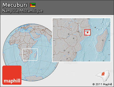Gray Location Map of Mecuburi, highlighted parent region, within the entire country, hill shading