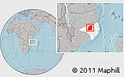 Gray Location Map of Mecuburi, highlighted parent region, hill shading