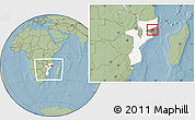 Savanna Style Location Map of Mecuburi, highlighted country, highlighted parent region, within the entire country, hill shading