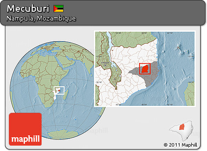Savanna Style Location Map of Mecuburi, highlighted country, highlighted parent region, hill shading