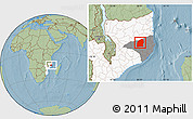 Savanna Style Location Map of Mecuburi, highlighted country, highlighted parent region, hill shading