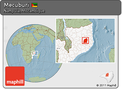 Savanna Style Location Map of Mecuburi, highlighted country, hill shading
