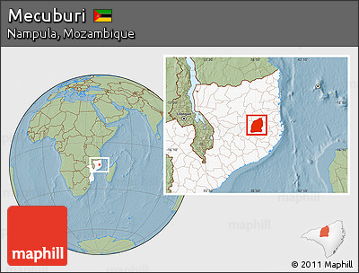 Savanna Style Location Map of Mecuburi, highlighted country, hill shading