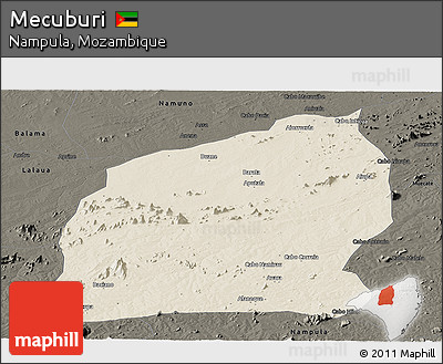 Shaded Relief Panoramic Map of Mecuburi, darken