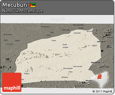 Shaded Relief Panoramic Map of Mecuburi, darken