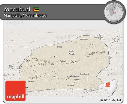 Shaded Relief Panoramic Map of Mecuburi, lighten
