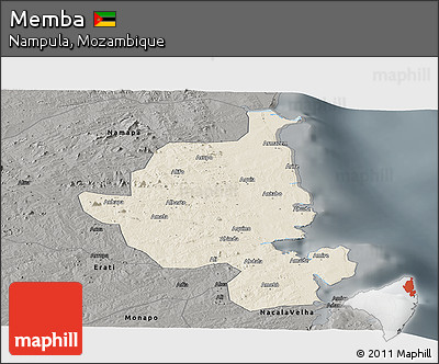 Shaded Relief Panoramic Map of Memba, darken, semi-desaturated