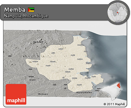 Shaded Relief Panoramic Map of Memba, darken, semi-desaturated