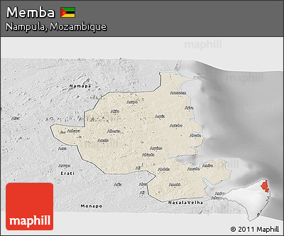 Shaded Relief Panoramic Map of Memba, desaturated