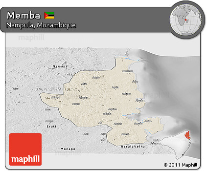 Shaded Relief Panoramic Map of Memba, desaturated