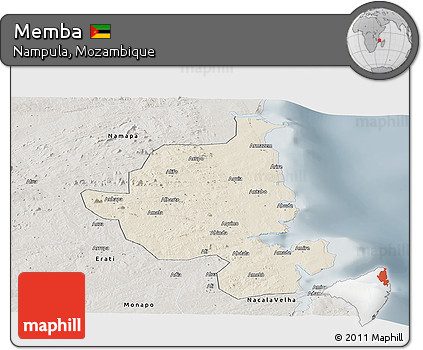 Shaded Relief Panoramic Map of Memba, semi-desaturated