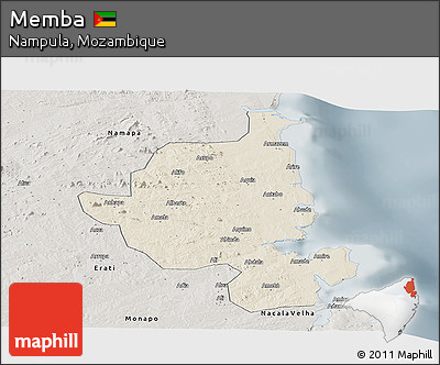 Shaded Relief Panoramic Map of Memba, semi-desaturated