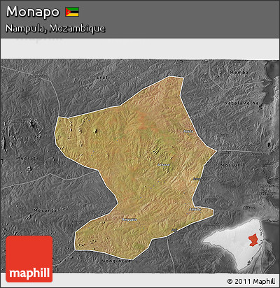 Satellite 3D Map of Monapo, darken, desaturated