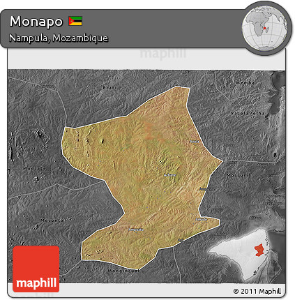 Satellite 3D Map of Monapo, darken, desaturated