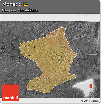 Satellite 3D Map of Monapo, darken, desaturated